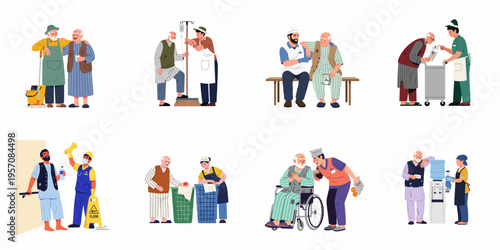 Collection of flat illustrations depicting compassionate interactions between elderly patients and hospital staff, including nurses, cleaners, and laundry workers.