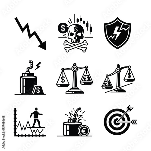 Black and white vector icons depicting financial risk, market trends, business strategy, and economic concepts like growth, decline, security, and investment.