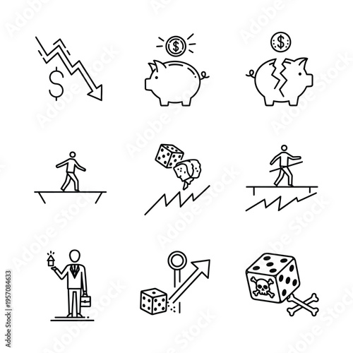 Set of line art icons representing financial risks, investment opportunities, economic downturns, business challenges, and strategic decision-making.
