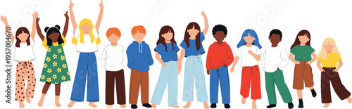 Set of diverse children and kids standing together wearing casual colorful clothing isolated on white background for education school friendship and community concepts vector illustration.