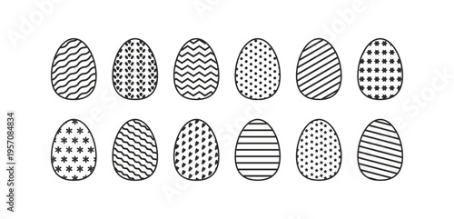 Outline Easter eggs set. Black lines holiday decoration with pattern. Simple flat style icons collections. Vector geometric illustration for poster banner card print web.