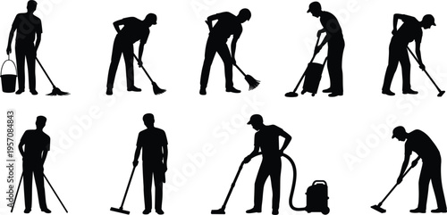 Cleaning Person Silhouettes with Mops and Vacuum Cleaners woman