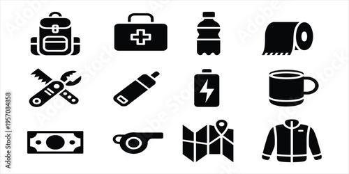 Camping and Outdoor Activity Icon Set with Backpack and First Aid Kit Keywords: camping, icon, set, outdoor, activity, survival