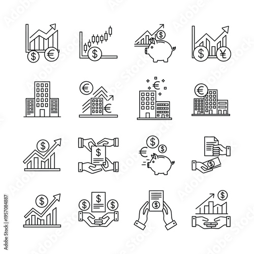 A comprehensive set of line icons depicting various aspects of finance, banking, investment, and business growth, including charts, currency, savings, and transactions.