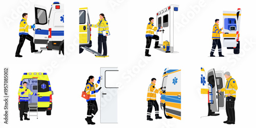Vector Illustrations Collection of Male and Female Paramedics in High-Visibility Uniforms Performing Emergency Medical Service Duties with Ambulances on White Background