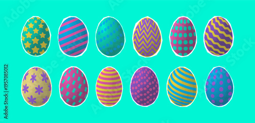Easter eggs with halftone effect set. Holiday decoration for collage, banner , poster, card. Trendy cut out paper elements and dotted texture