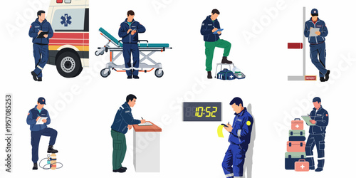 Collection of flat vector illustrations depicting paramedics in various professional scenarios including an ambulance, medical equipment, and administrative tasks.