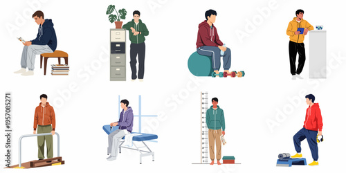 Illustrations of Men in Various Health-Related Scenarios including Fitness Exercises, Medical Consultations, Physical Therapy sessions, and Daily Wellness routines in a Minimalist Style