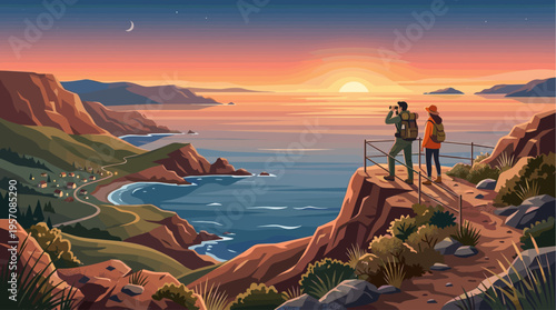 Two hikers on a cliff overlooking a bay, a small village nestled by the coast, and a beautiful sunset with a warm color palette.