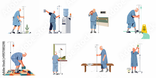 Set of illustrations showing an elderly male patient navigating daily activities with an IV drip and cane in a hospital or care facility.
