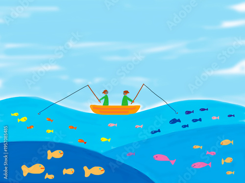 Naive illustration of fishermen fishing from a boat on the sea