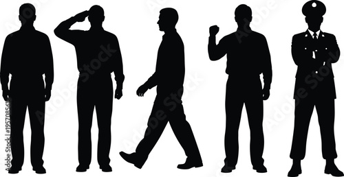 Men silhouette set with diverse poses including saluting, walking, and standing, police officer in uniform for law enforcement and authority.