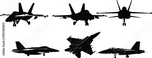 Military Fighter Jet Silhouette Collection Featuring Modern Combat Aircraft in Flight, Takeoff, and Tactical Maneuvers for Air Force Defense Concepts