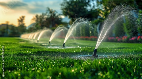 Wallpaper Mural Automatic Garden Sprinkler System Watering Lush Green Lawn in Summer Aesthetic Torontodigital.ca