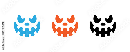 Three stylized jack o lantern faces in different colors