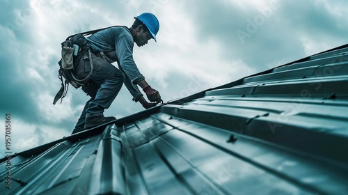 Wallpaper Mural Construction Worker Installing Metal Roofing Panels under an Overcast Sky Aesthetic Torontodigital.ca
