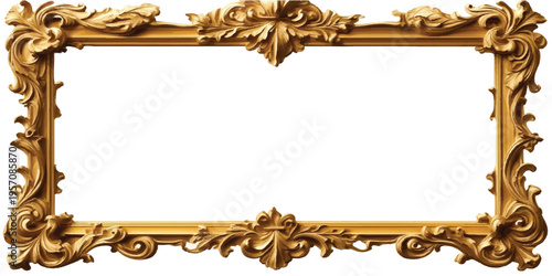 An ornate antique gold picture frame with a vintage baroque design is isolated on a white background as an empty golden border for art or photos