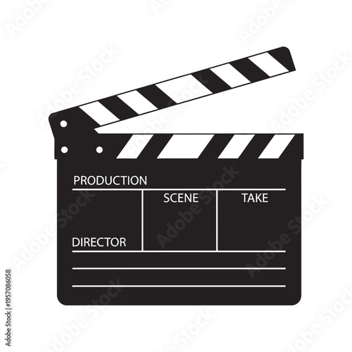 Clapper board vector illustration on white background, black and white cinema icon