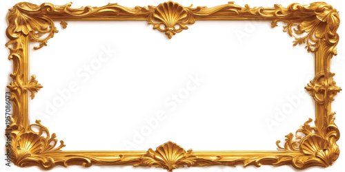 An ornate antique gold frame with a vintage baroque design provides an empty, blank border for a portrait or art painting isolated on a white background