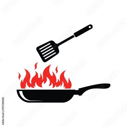 Frying pan with fire flames and spatula vector illustration for hot cooking and kitchen grill concept