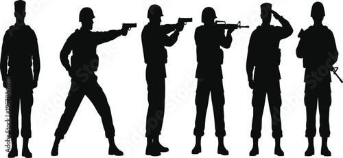 Military Soldier Silhouette Collection Featuring Armed Special Forces in Combat Poses, Shooting Rifles, Handguns, Saluting, and Standing Guard for Defense Themes