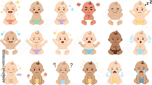 Baby Emotions Mega Set Vector Illustration with Diverse Infant Expressions Happy Sad Crying Angry Sleeping and Confused for Child Development Design.
