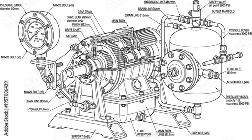Detailed technical blueprint of a hydraulic gear pump system with pressure gauge vessel and labelled components.