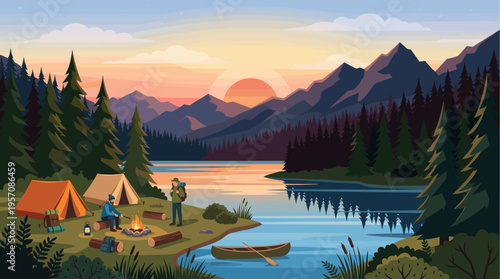 Two campers relax by a tranquil lake with tents and a campfire at sunset, surrounded by pine trees and majestic mountains.