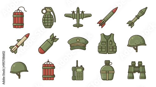 A collection of military-themed flat design icons including weapons, gear, and vehicles on a white background.