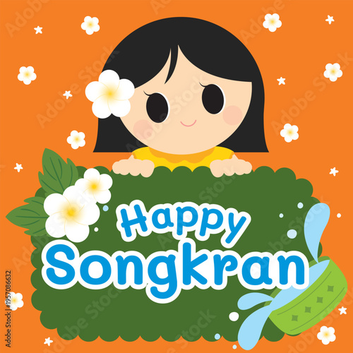 Cartoon Girl Celebrating Happy Songkran Water Festival