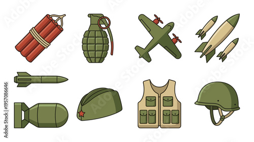 A collection of military weapons, equipment, and gear including bombs, missiles, grenades, an airplane, a helmet, and a tactical vest.