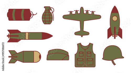 A collection of military weapons, gear, and vehicles depicted in a flat design style, including bombs, missiles, a plane, and soldier's equipment.