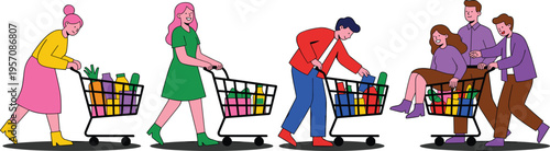 Diverse Group of People Pushing Shopping Carts Filled with Groceries and Products in Supermarket Flat Vector Illustration