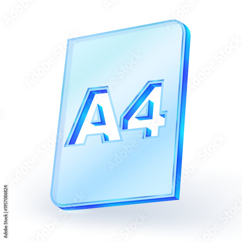 Modern 3d A4 document icon made of blue transparent glass with clean minimal style. Perfect for digital file, office, document management, and UI design concepts. vector illustration.