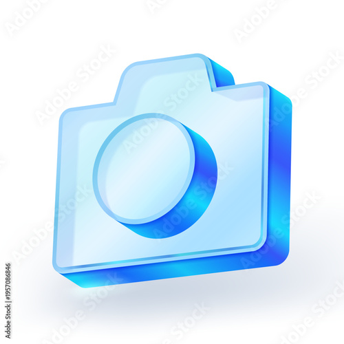 3D blue glass camera icon with transparent effect and soft gradient lighting. Modern UI symbol ideal for photography apps, media, and digital design projects. vector illustration.