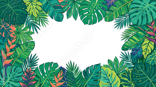 A vibrant border of lush green tropical leaves and exotic flowers frames a blank white space, evoking a sense of nature and exoticism.