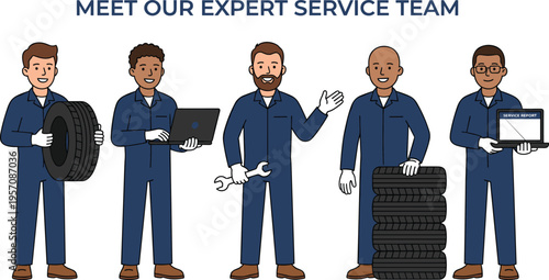 Diverse group of professional auto mechanics in blue overalls with tires laptops and wrenches service team.