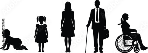 People Silhouette Set with Baby Crawling, Young Girl, Professional Woman, Businessman with Cane, and Disabled Woman in Wheelchair, Diverse Human Life Vector
