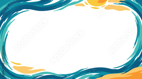 Abstract illustration of a wavy ocean border with a bright sun and clouds in the upper right corner, creating a frame for text or design.