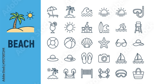 Collection of beach themed line icons with tropical and recreational elements
