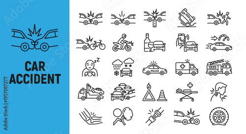 Various line icons depicting car accidents injuries and emergency services