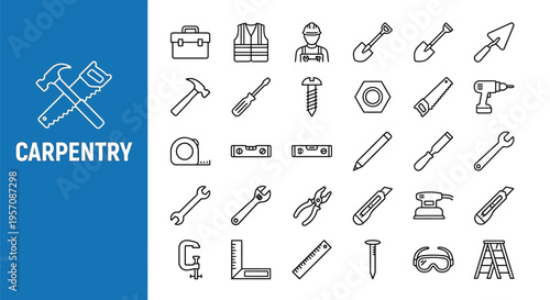 Collection of carpentry tools and equipment in a linear design