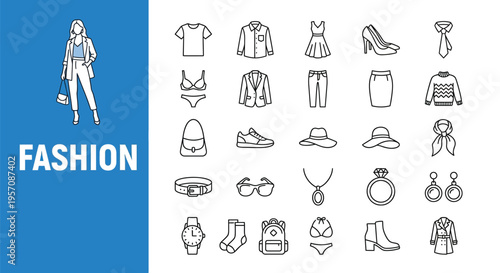 Fashion illustrations clothing accessories and a stylish woman depicted in outline