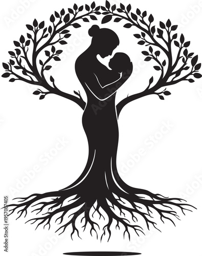 Mother and baby silhouette forming a tree with roots and branches