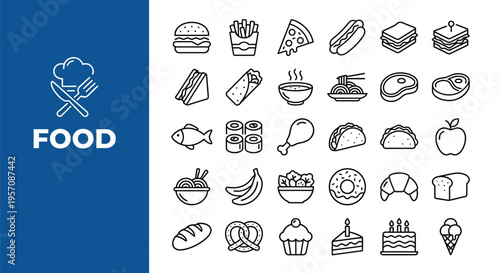 Collection of various fast food and meal outline icons displayed