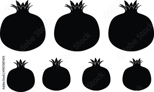 Pomegranate silhouette collection, black fruit icons set, healthy food organic nature, botanical vector illustration, exotic garnet elements, isolated white background
