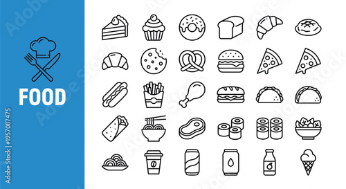 Assorted food icons a collection of bakery snacks and beverage outlines