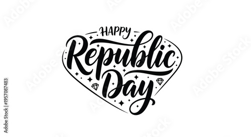 Black and white illustration of 'Happy Republic Day' text in a heart shape with decorative elements on a white background.