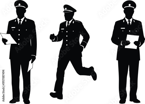 Police officer silhouette set with professional uniform and cap, standing with documents and running in action for law enforcement concept.