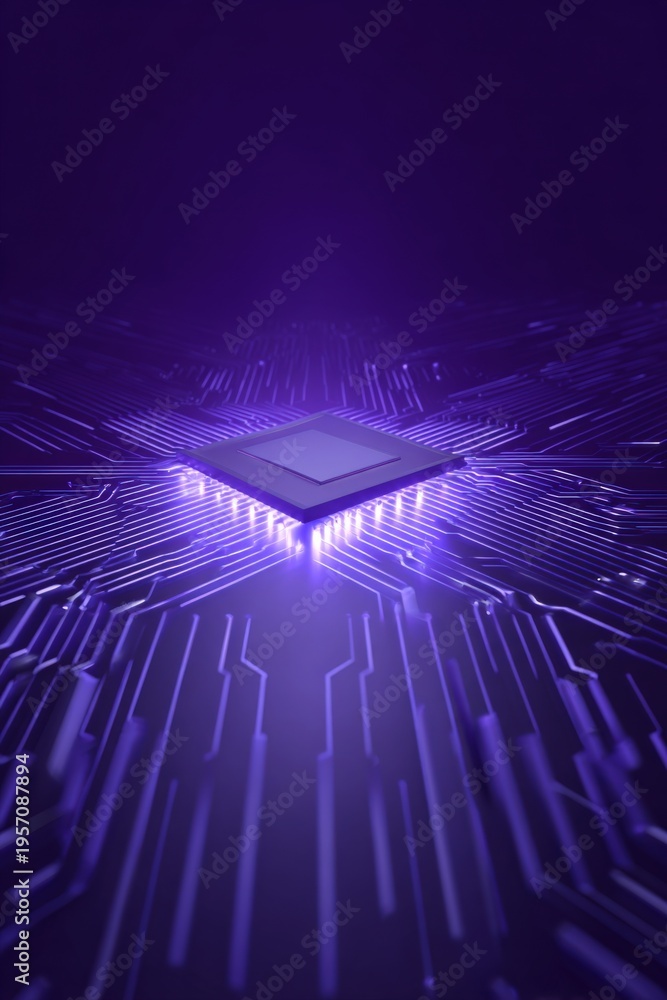 Fototapeta premium Purple microchip circuit neon motherboard glowing center with radiating electronic traces futuristic technology scene